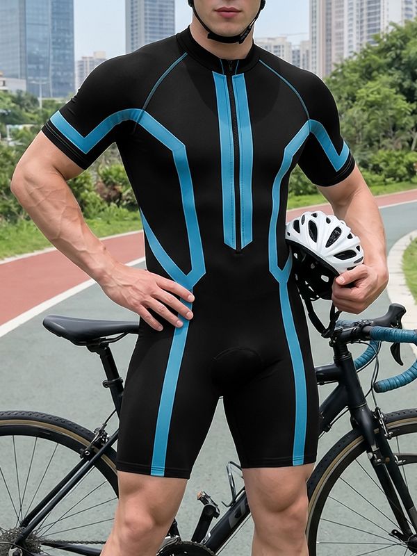 Men's Techwear Cycling Contrast Geometric Stripe Front Zipper Bodysuit SKUL63136
