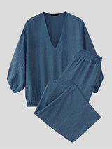 Men's Solid Color Textured V Neck Two Pieces Outfit SKUL54000