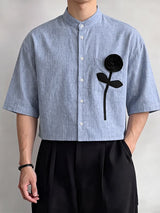 Men's Clean Fit Gallery 3D Floral Applique Chest Pocket Cropped Boxy Half Sleeve Stand Collar Shirt SKUL83946