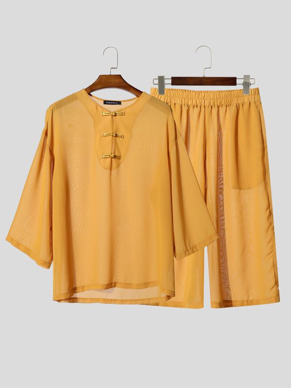 Men's New Chinese Style Sheer Frog-Button Two Pieces Outfit SKUL57733
