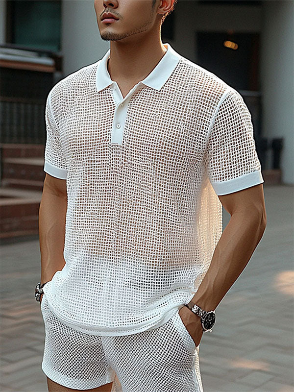 Mens Hollow Mesh Short-Sleeve Two Pieces Outfit SKUL04244