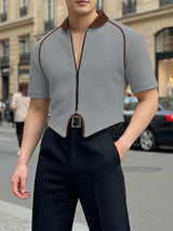 Men's Textured Patchwork Short Sleeve Zipper Cardigan SKUL47599