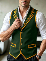 Men's Retro Party Gold Floral Embroidery Contrast Trim Sleeveless Lapel Collar Waistcoat SKUL76451