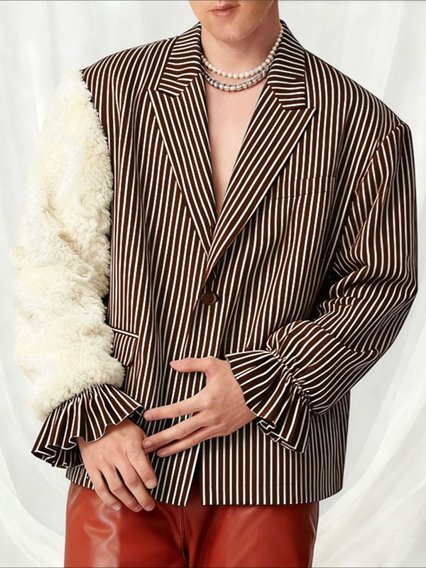 Men's Striped Contrast Color Plush Long Sleeve Blazer SKUL46547