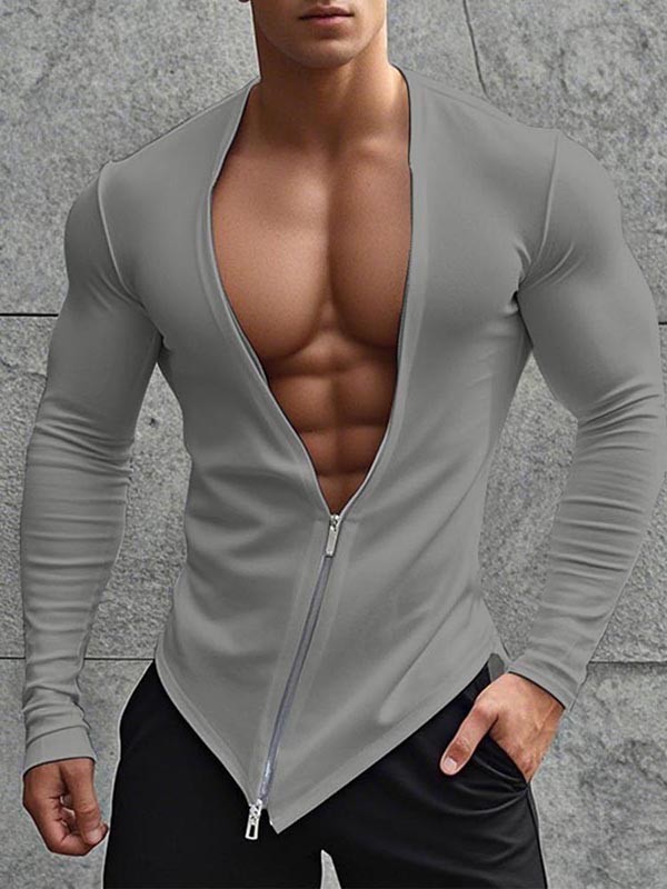 Mens Double Zipper Long Sleeve Knit T-Shirt SKUK97732