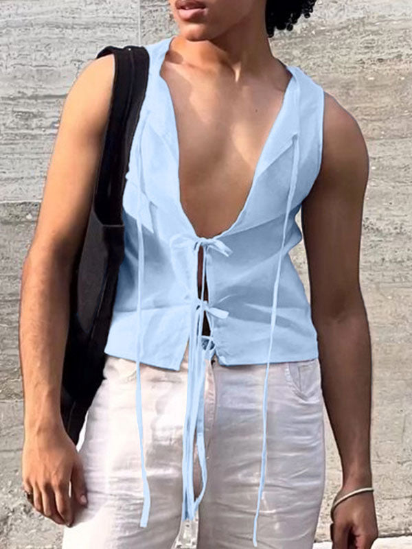 Mens Solid Color Lace-Up Design Casual Tank SKUL13172