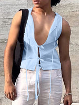 Mens Solid Color Lace-Up Design Casual Tank SKUL13172