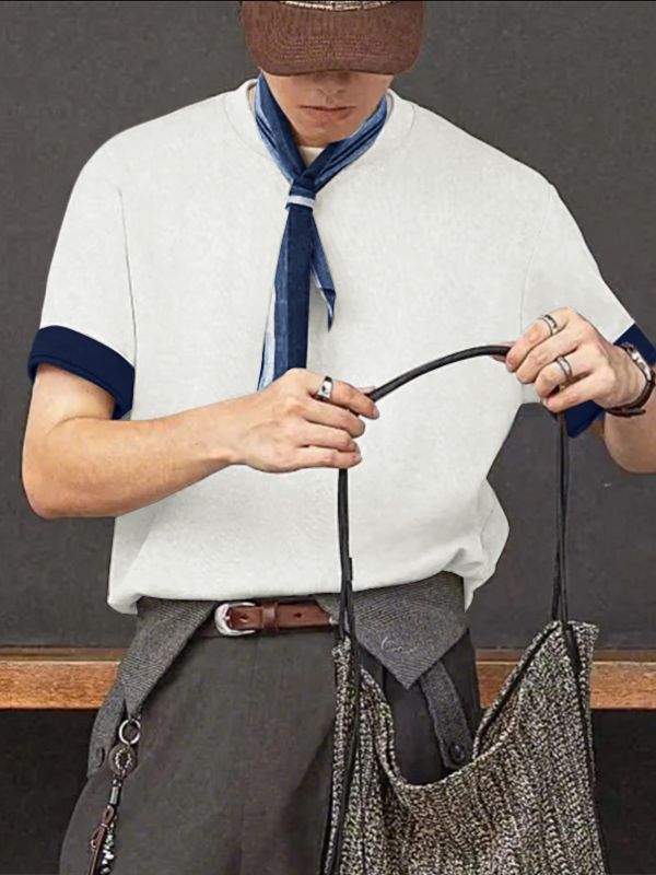 Men's Solid Color Textured Scarf Short Sleeve T-shirt SKUL30510