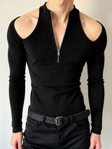Men's Cut-Out Shoulder Textured Half-Zip Long Sleeve T-shirt SKUL47904
