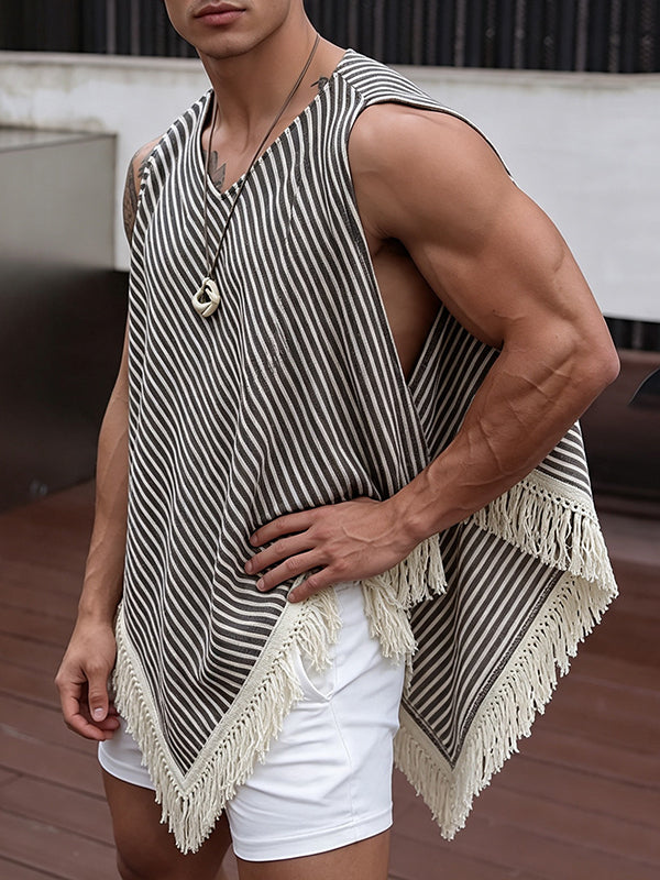 Men's Avant-Garde Party Raw Fringed Diagonal Stripe Oversized Sleeveless V-Neck Tank SKUL81030