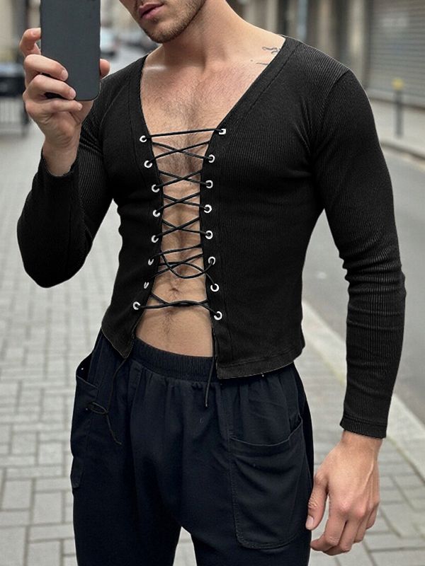 Men's Textured Drawstring Long Sleeve T-shirt SKUL42777