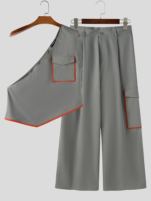 Men's Color Block One Shoulder Two Pieces Outfit SKUL37290