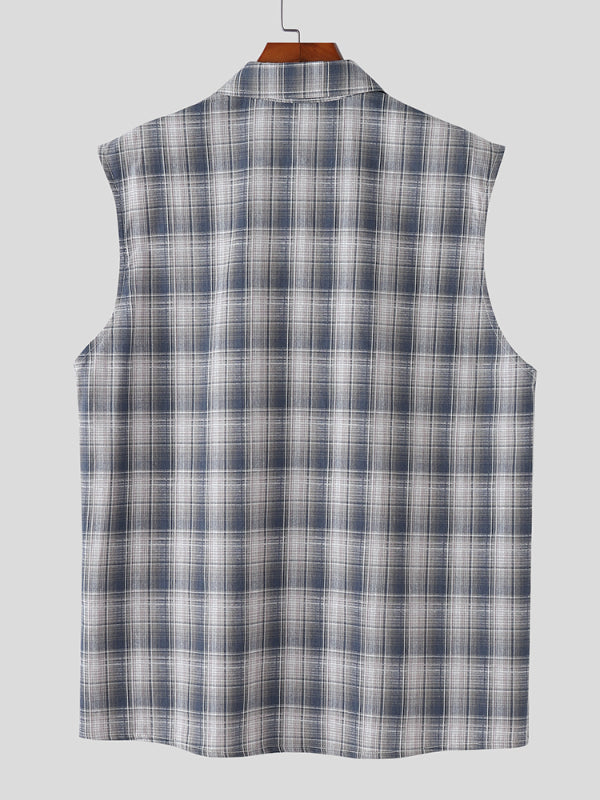 Mens Plaid Gradient Casual Sleeveless Shirt SKUL17804