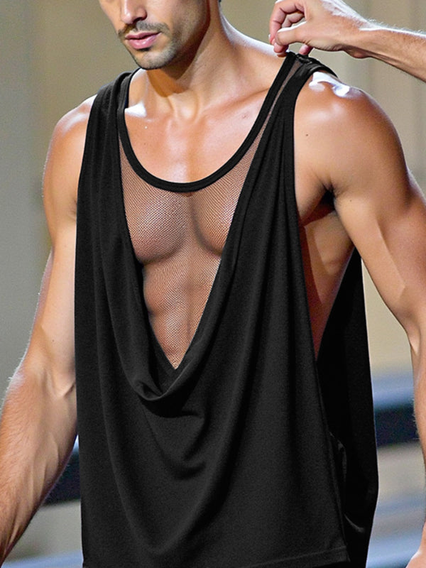 Mens Sheer Mesh Patchwork Cowl Neck Tank SKUL15229