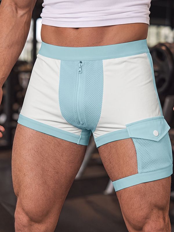 Men's Avant-Garde Sport Pool Party Cutout Thigh Strap Colorblock Short SKUL85265
