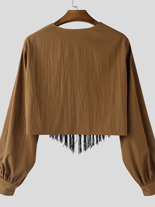 Men's Tassel Patchwork Cropped Long Sleeve T-shirt SKUL47932