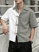Men's Vintage Colorblock Contrast Tie Front Cuban Collar Short Sleeve Shirt SKUL70268