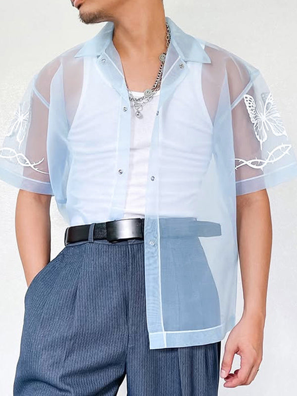 Mens Butterfly Print Mesh Sheer Short Sleeve Shirt SKUL08501