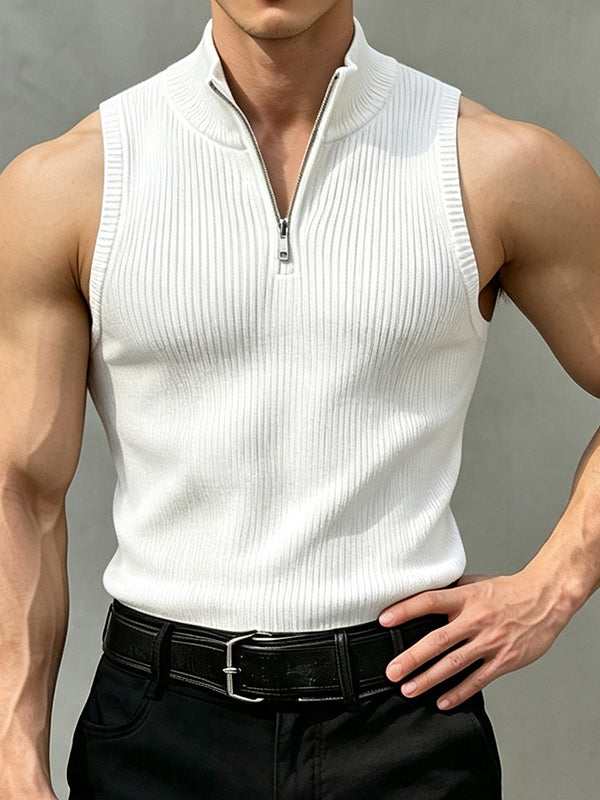 Men's Clean Fit Urban Casual Quarter Zip Vertical Rib Texture Sleeveless Mock Neck Tank SKUL81842