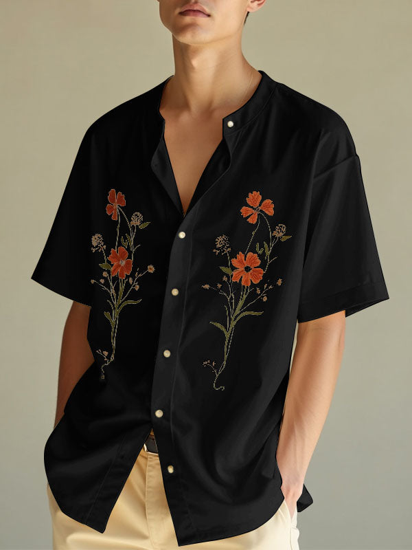Mens Floral Print Stand Collar Short Sleeve Shirt SKUL07807