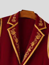 Men's Retro Party Gold Floral Embroidery Contrast Trim Sleeveless Lapel Collar Waistcoat SKUL76451