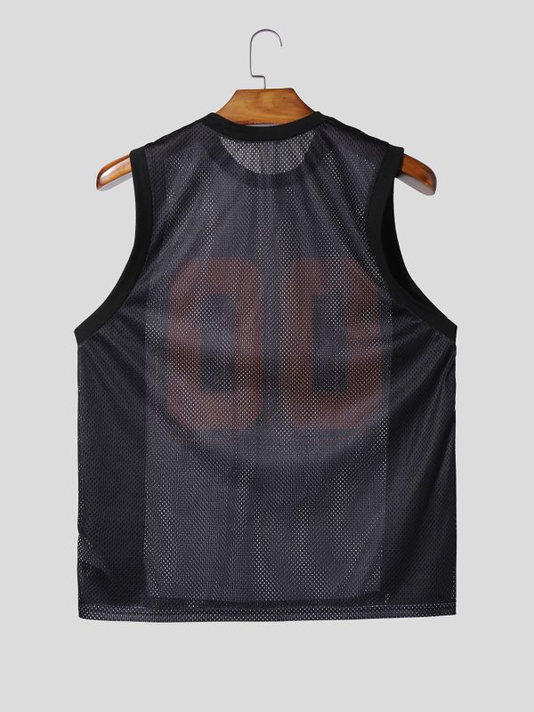 Men's High Street Retro Americana Mesh Translucent Number Graphic Slim Fitted Muscle Tank SKUL56150