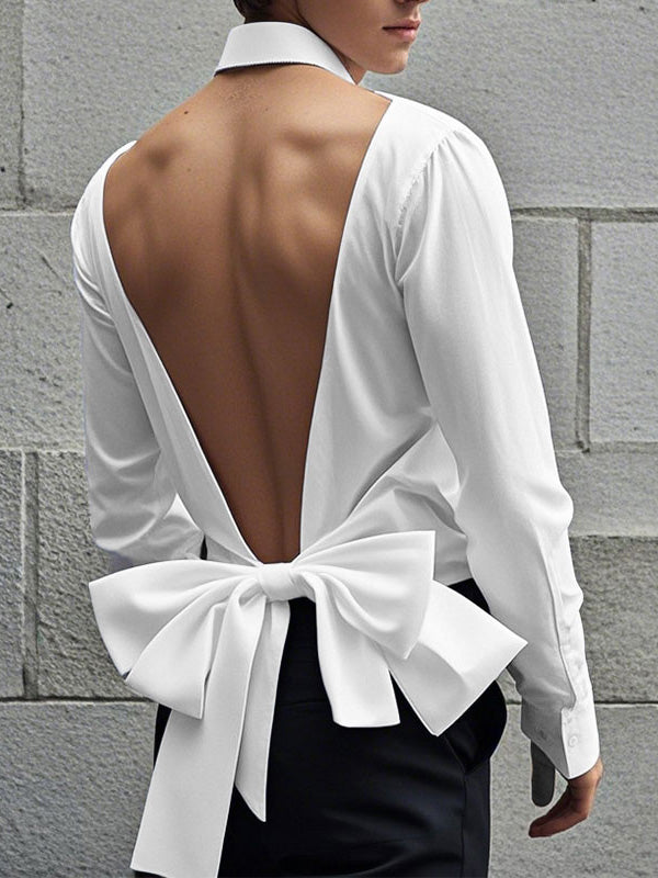 Mens Bow Tie Backless Long Sleeve Shirt SKUK95687