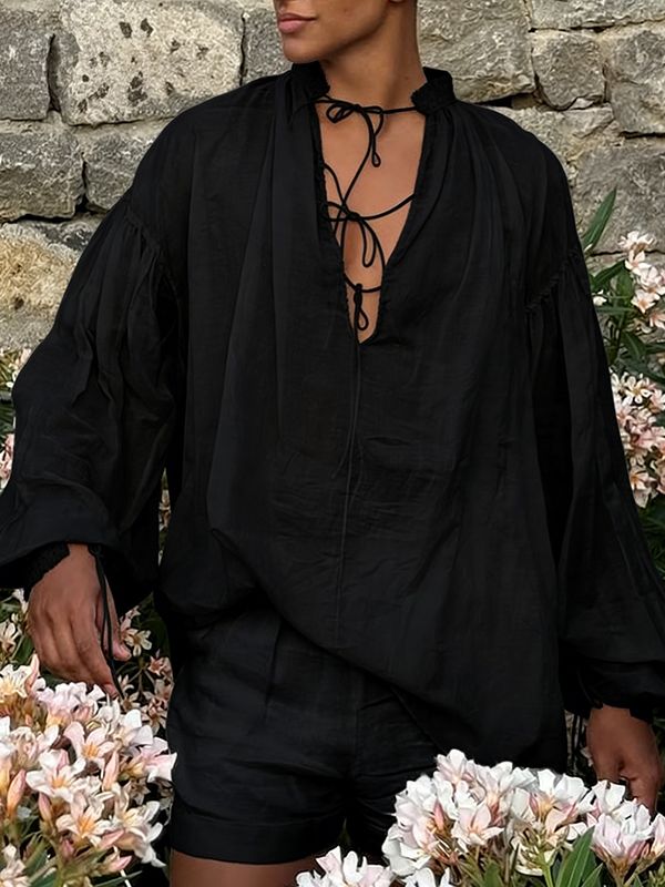 Men's Drawstring Design Ruffle Edge Long Sleeve Shirt SKUL47637