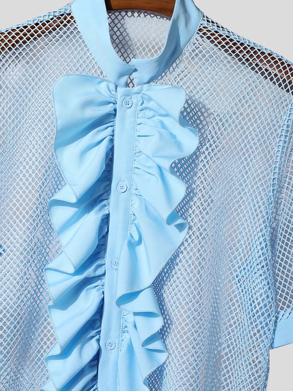 Men's French Ruffle Mesh Design Short Sleeve Shirt SKUL63170