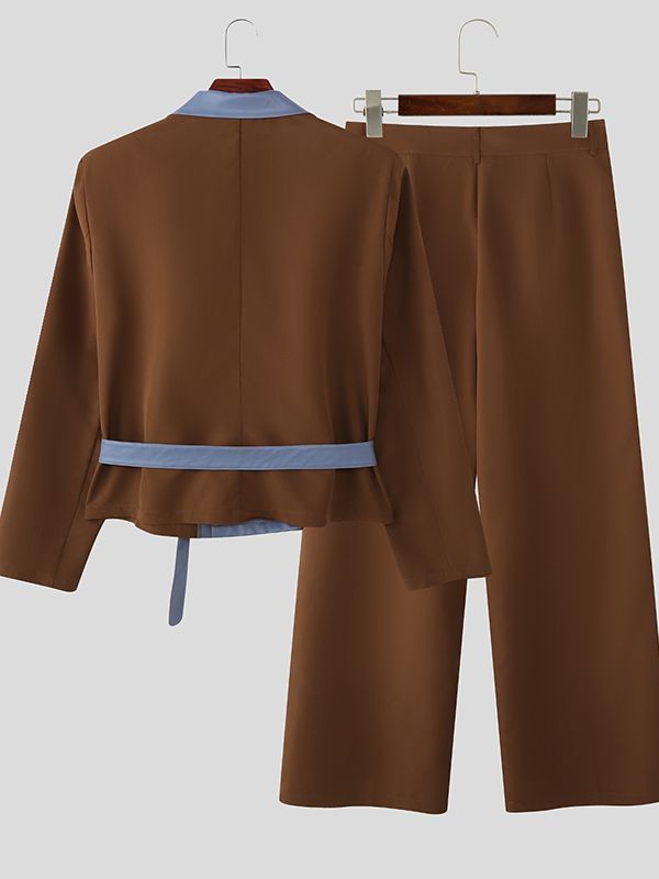 Men's Faux Leather Contrast Color Double Breasted Two Pieces Outfit SKUL47907