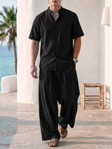 Men's Vintage Modern Chinese Mandarin Collar Solid Color Two Pieces Outfit SKUL71427