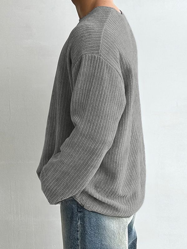 Men's Solid Color Textured Casual Long Sleeve T-Shirt SKUL38540