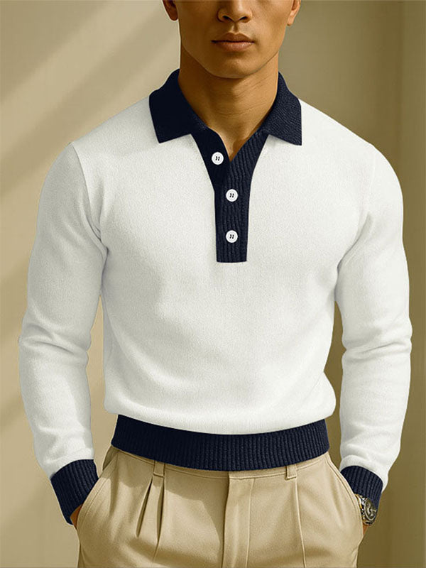 Men's Colorblock Knit Lapel Long Sleeve Shirt SKUL28117