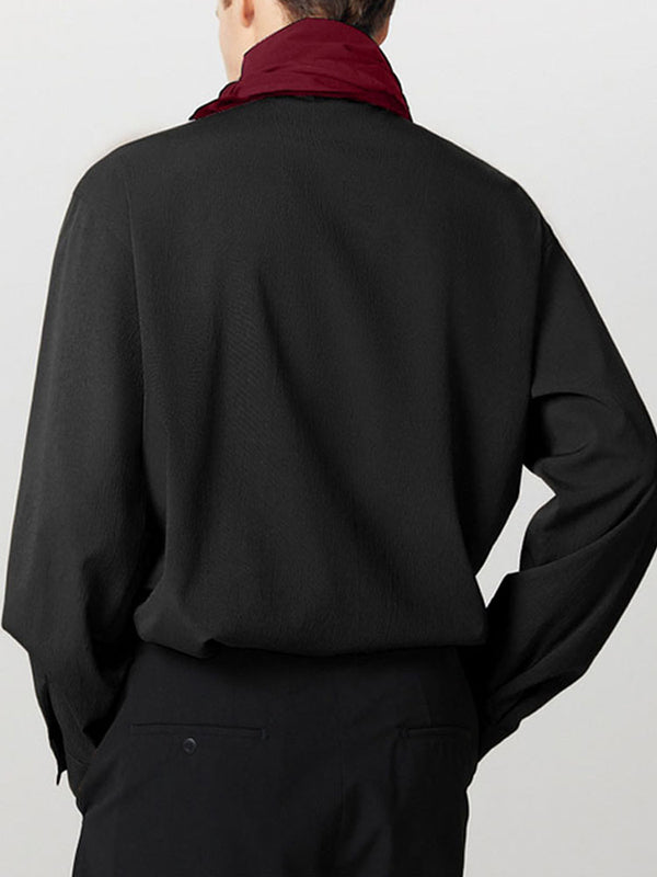 Mens Tie-Detail Color-Block Patchwork Long-Sleeve Shirt SKUK87995