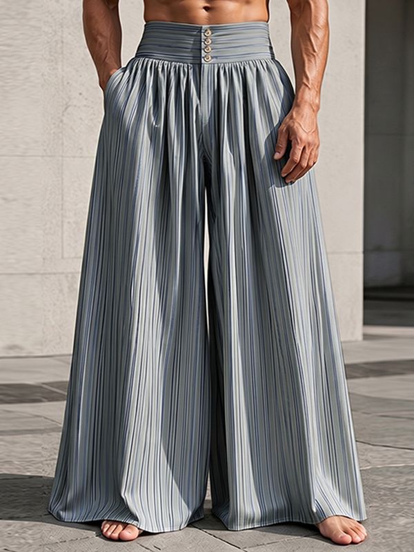 Men's Beach Resort Striped High-Waisted Pleated Wide Leg Palazzo Pant SKUL73614
