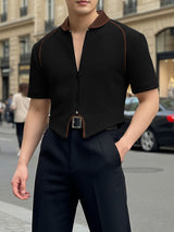 Men's Textured Patchwork Short Sleeve Zipper Cardigan SKUL47599