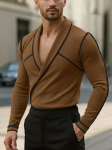 Men's Knit Color Block Trim Lapel Long Sleeve T-Shirt SKUL45325