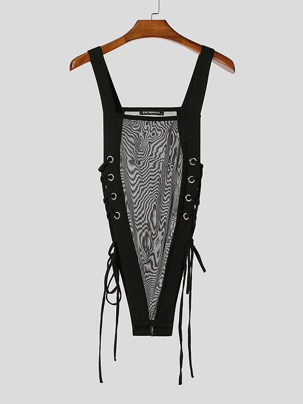 Mens Solid Color Sheer Mesh Drawstring Bodysuit SKUL13027