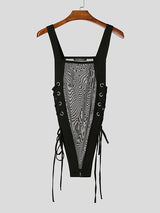 Mens Solid Color Sheer Mesh Drawstring Bodysuit SKUL13027