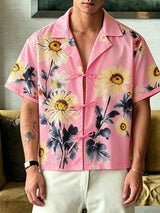Men's Summer Hawaiian Sunflower Print Cuban Collar Open Front Tie Knot Short Sleeve Shirt SKUL58684