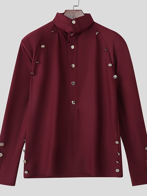 Men's Deconstructed Metal Buckle High Neck Long Sleeve T-shirt SKUL42254