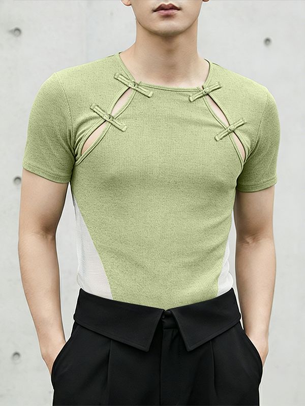 Men's New Chinese Style Frog Button Hollow Out Slim Fit T-shirt SKUL59492