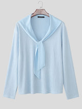 Men's Solid Color Textured Navy Collar Long Sleeve T-shirt SKUL51995