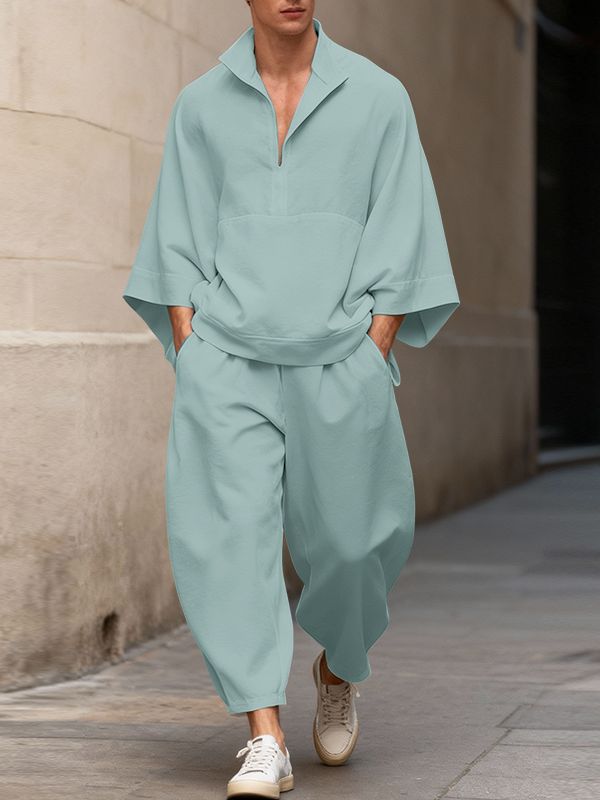 Men's Solid Color Casual Collar Two Piece Outfit SKUL50084