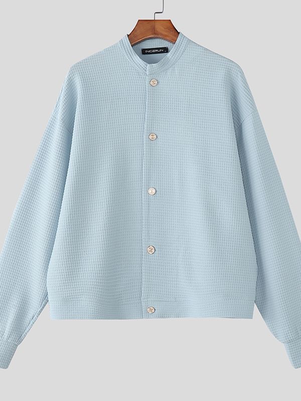 Men's Solid Color Textured Plaid Long Sleeve Jacket SKUL43874