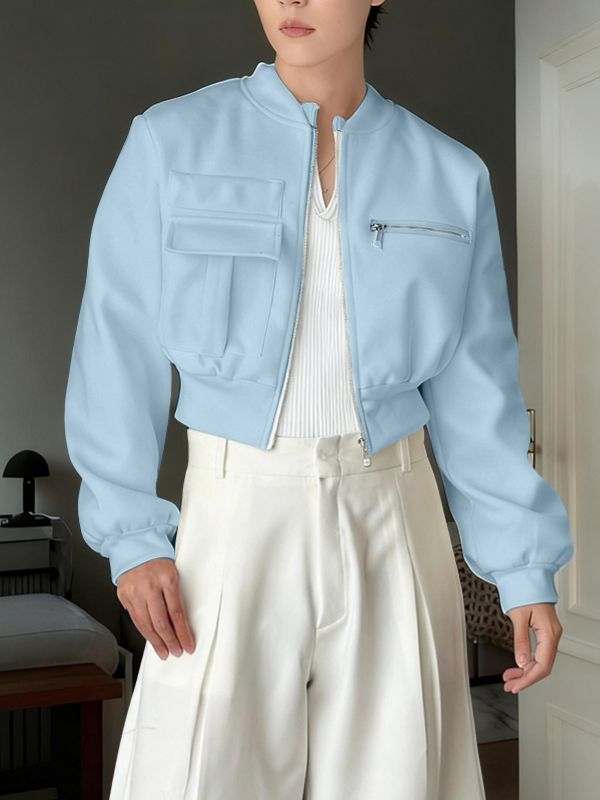 Men's Solid Color Pocket Zipper Cropped Jacket SKUL45377