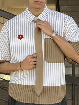 Men's Color Block Striped Tie Short Sleeve Shirt SKUL31818