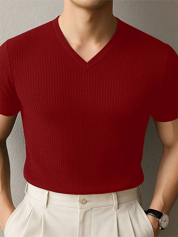 Mens Textured Knit V-Neck Short Sleeve T-Shirt SKUL13188