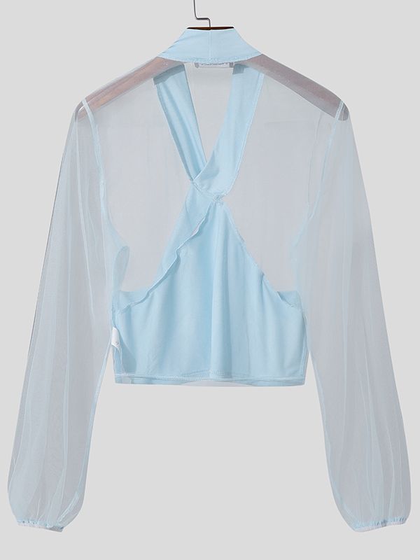 Men's Sheer Mesh Cropped Long Sleeve T-shirt SKUL46072