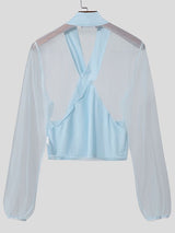 Men's Sheer Mesh Cropped Long Sleeve T-shirt SKUL46072